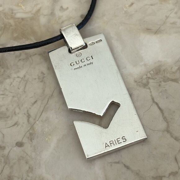 Gucci 925 Sterling Silver Aries Dog Tag Leather Cord Unisex Necklace - Picture 1 of 6